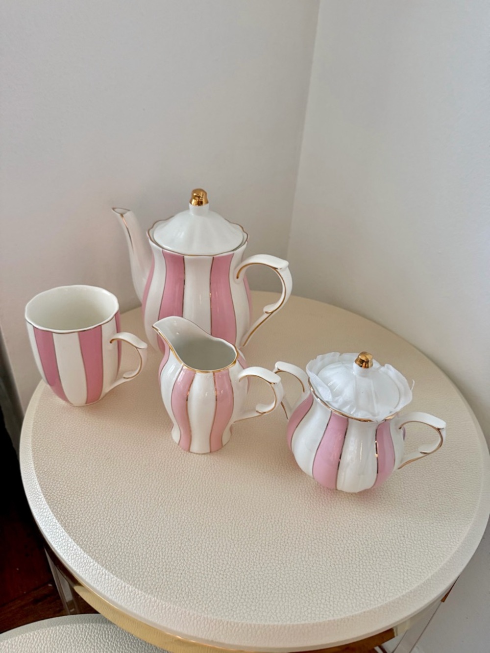 Pink and White Striped Porcelain Tea Set with Gold Trim